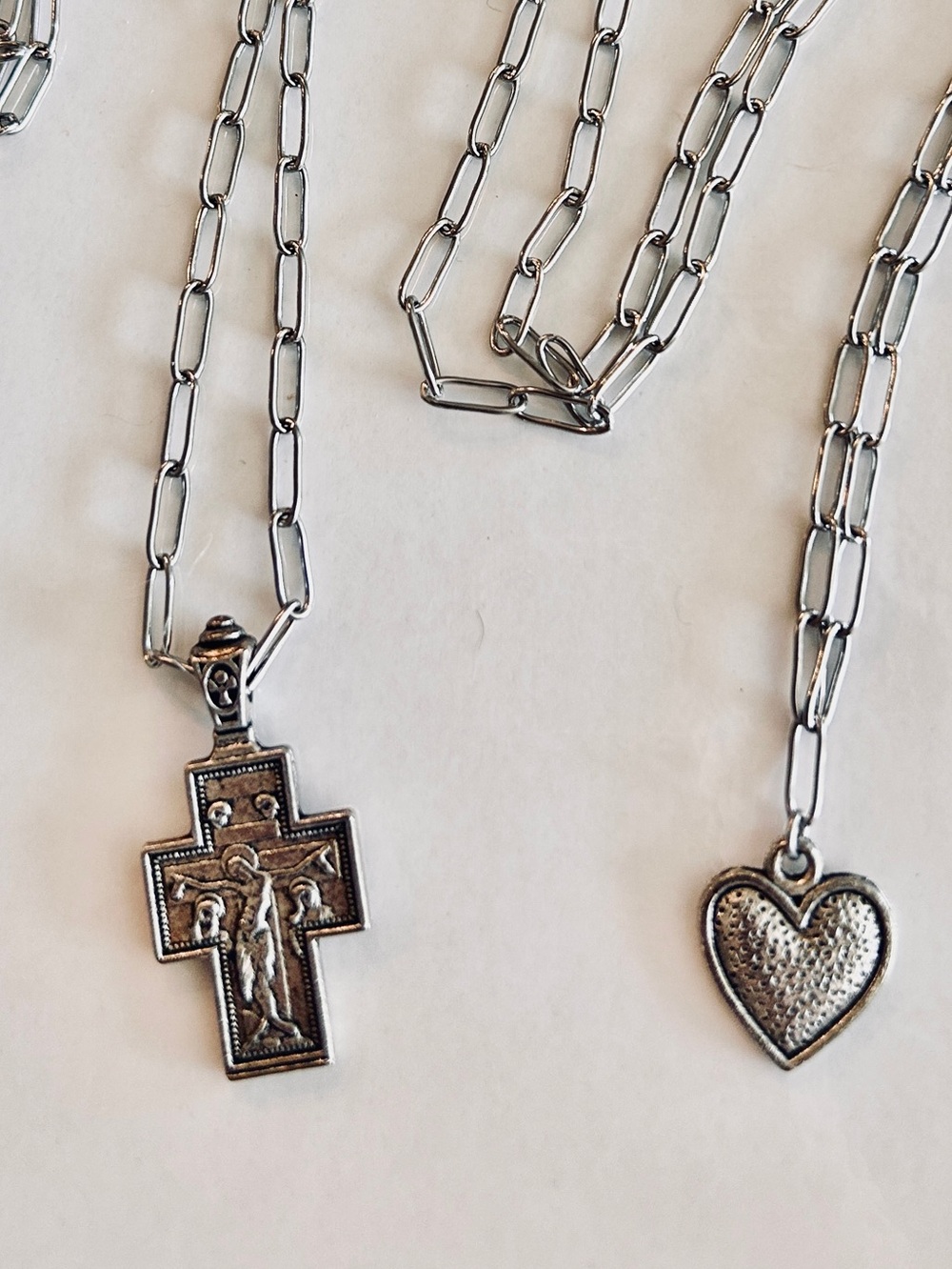 Silver Cross and Heart Pendant Paper Clip Chain Necklace Set Silver
